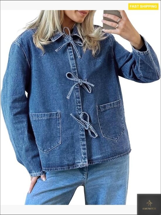 Jackets & Blazers - Tie Front Denim Shacket Oversized Loose Fit Y2K Chic Casual Top with Pockets